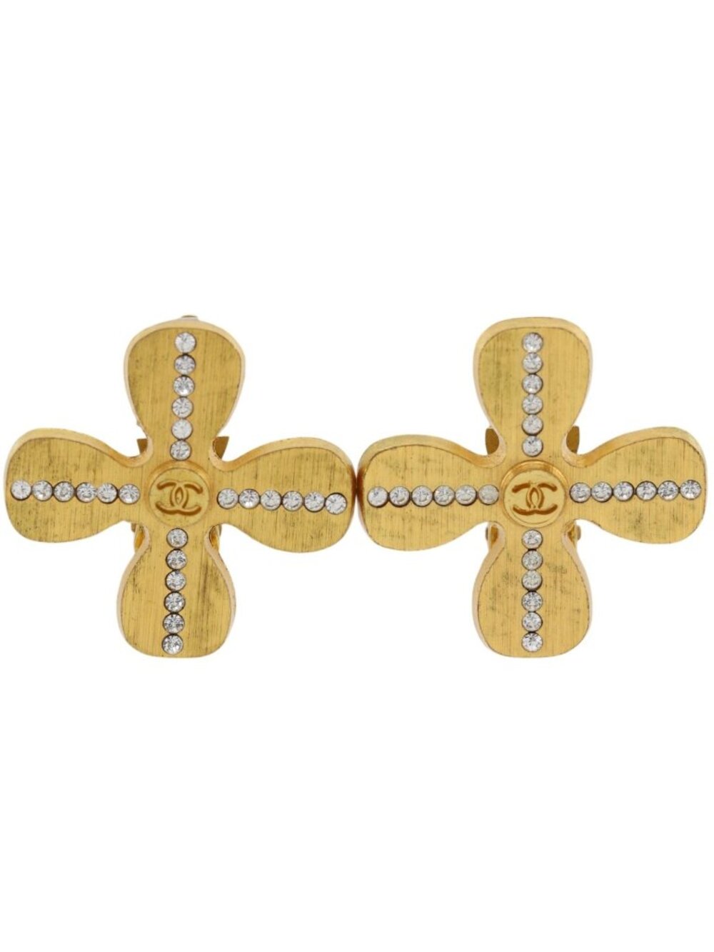 Chanel Clover Cc Logo Gold Plated Rhinestone Earrings